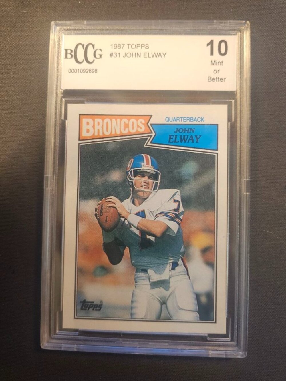 1987 Topps Card #31 John Elway Rookie (RC) Graded by Becket BCCG 10 MINT
